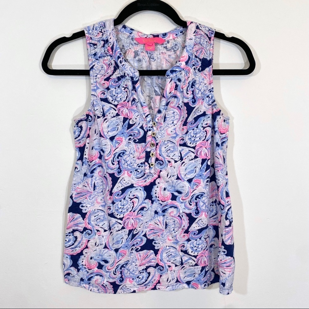 Lilly Pulitzer Essie Tank Purple Blue Pink Seashell Ocean Print Cotton XS